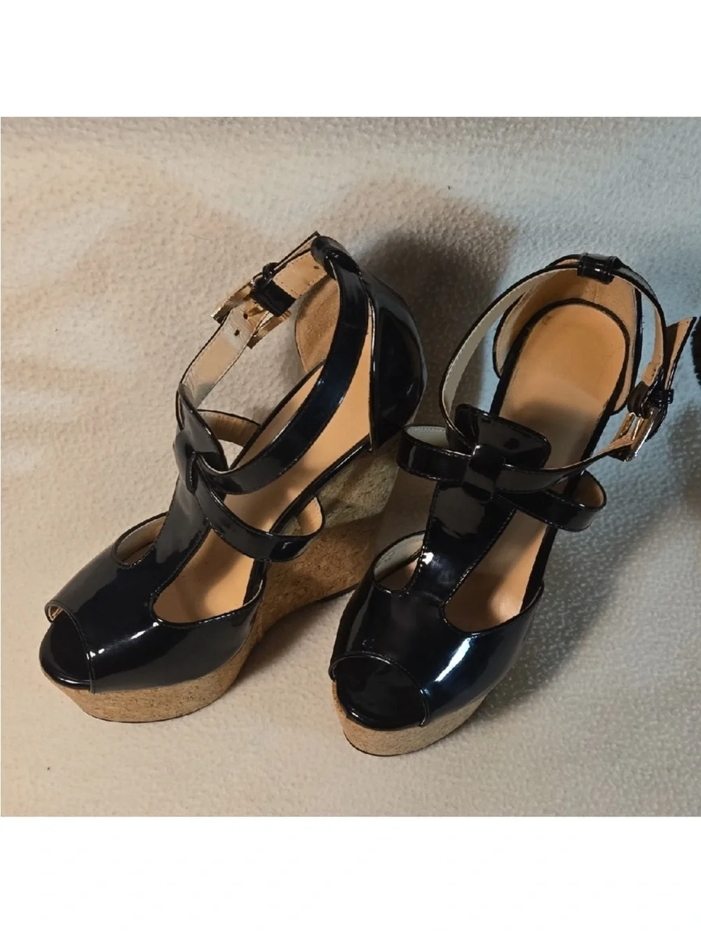 Black Patent Wedge Sandals with Cork Platform